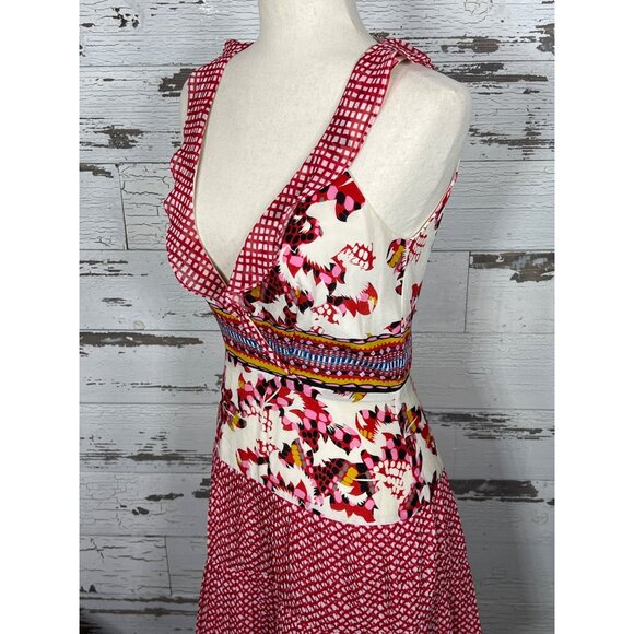 SALONI Plunging V-Neckline Silk Sleeveless Dress Red Cream Floral Sz 4 EUC - Picture 2 of 5